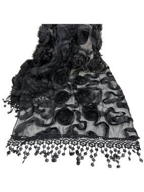 Black Floral Lace 3D Floral Roses Shawl With Doily Fringe Edge Krazy Kat Design